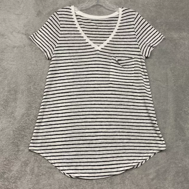 Mossimo Womens T Shirt Top Medium White Black Linen Stripe Short Sleeve V Neck