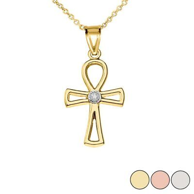 10k 14k Solid Gold Diamond Ancient Egyptian Ankh Cross Openwork Pendant Necklace