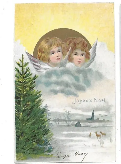 CPA carte postale ancienne  Joyeux Noël anges  enfants Christmas village sapin