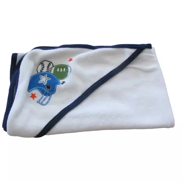 Gerber Terry Cloth Hooded Bath Towel Boys 30" x 25" White Blue Football Baseball