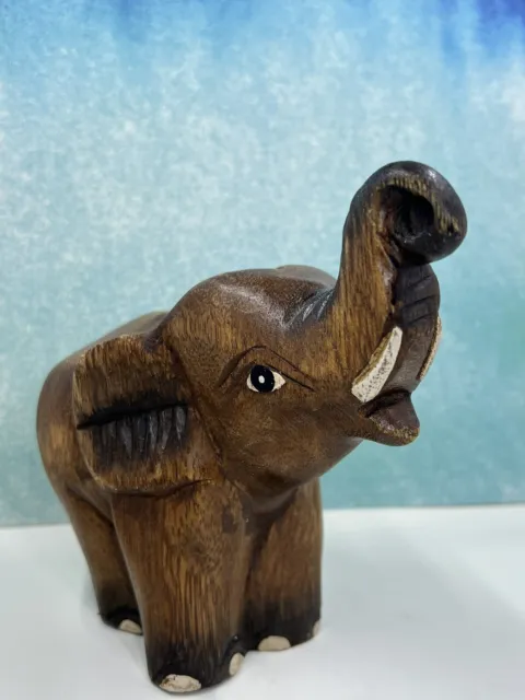 Vtg Old Large Lucky Elephant Figurine Sculpture SOLID Wood Hand Carved Statue