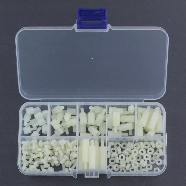 180pcs M3 White Nylon Hex M-F PCB Standoff Set Spacer Screw Nut Kit Box Case