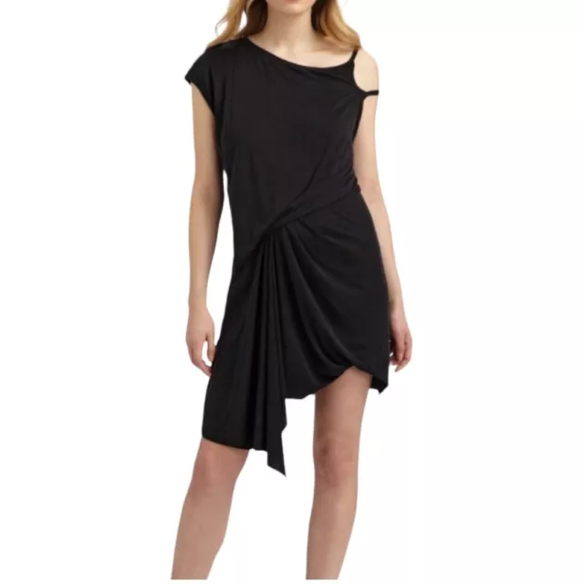 Helmut Lang NWT Jersey Draped Dress, Black Asymmetrical Sleeve Shale Women's M