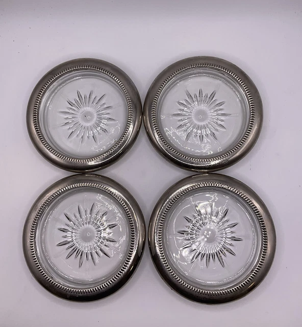 4 Vintage Sterling Silver Plated And Glass Coasters Starburst Pattern