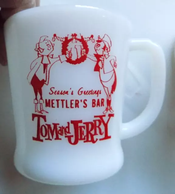 Vtg Fire King Milk Glass Tom and Jerry Advertising Mug Mettler's Bar Mankato MN