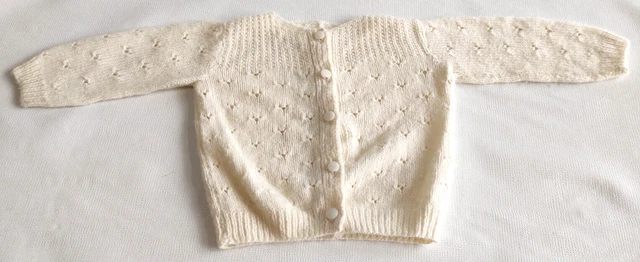 Vtg Long Sleeve White Cut Out Baby Sweater with 5 Buttons~Round Neck~Size ?