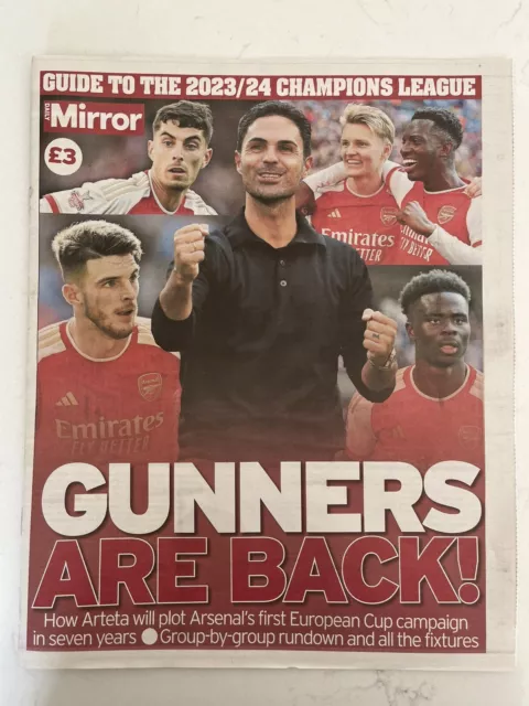 **Arsenal Mikel Arteta Champions League Football Uk Mirror Newspaper 2023-24**