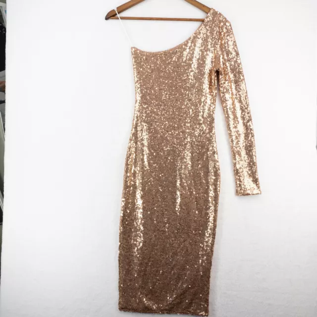 Fashion Nova Dress Small Rose Gold Sequin One Shoulder Midi Side Slit Sexy