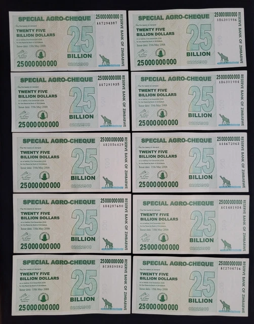 Zimbabwe 10 x 25 Billion Dollars AGRO 2008 Pick- 62