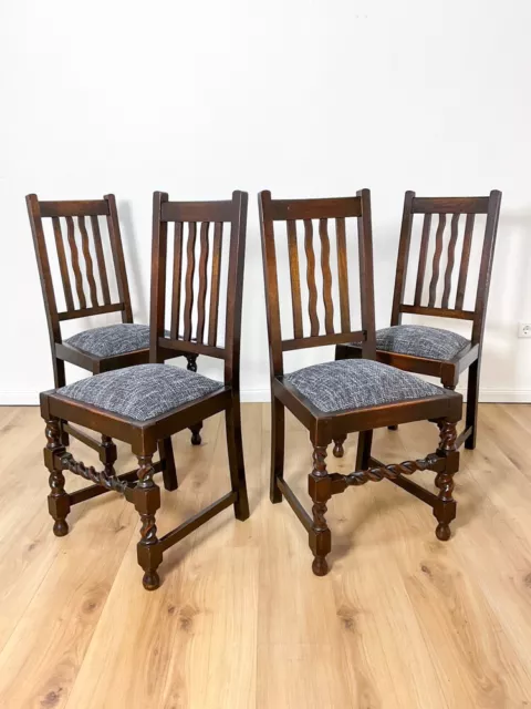 4er Satz antike Stühle in massiver Eiche um 1900, neu gepolstert, Stuhl