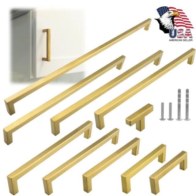 Gold Square Brushed Satin Brass Cabinet Handles Pulls Kitchen Stainless Steel