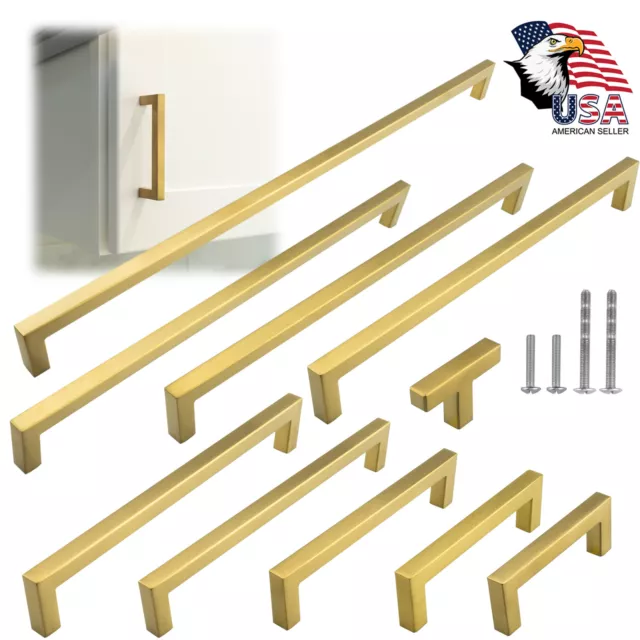 Gold Square Brushed Satin Brass Cabinet Handles Pulls Kitchen Stainless Steel