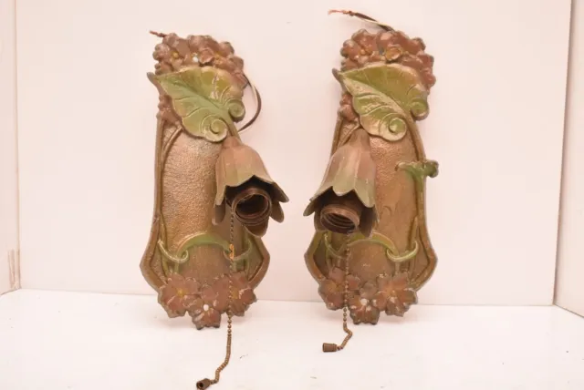 Pair Of AMPCO Figural Art Nouveau Deco Wall Sconce Fixtures Floral Antique