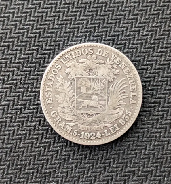 1924 Venezuela Silver 1 Bolivar Philadelphia Mint Y#22