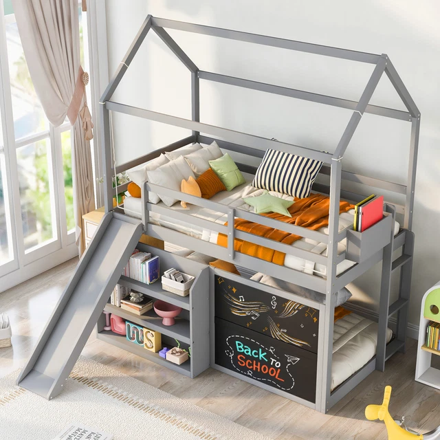 Merax Twin Size Wood House Bunk Bed Frame, Ladder Slide Blackboard Shelves Tent