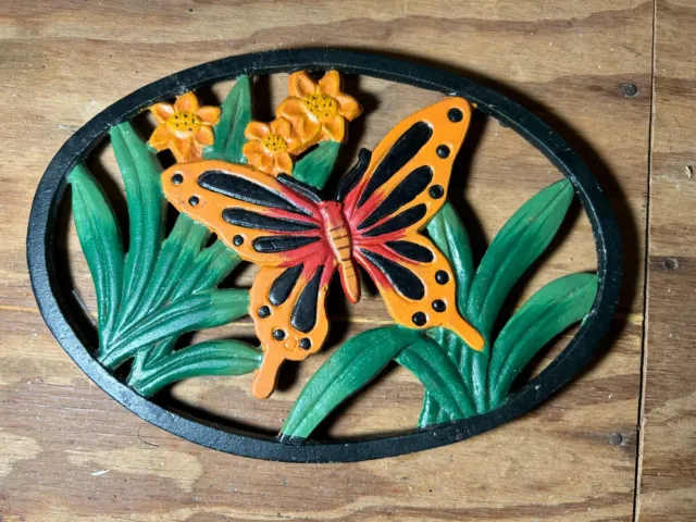 Vintage Cast Iron Hand Painted Butterfly & Flowers Oval Trivet Hot Plate Used