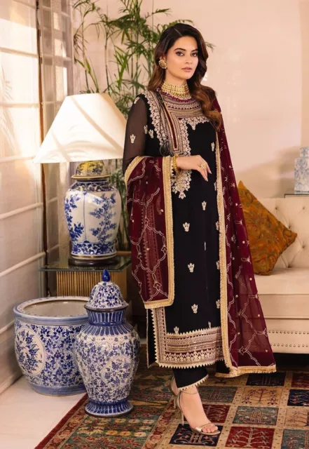 Pakistani indian Black Chiffon Suit with Silk Trouser Unstitched Shalwar Kameez