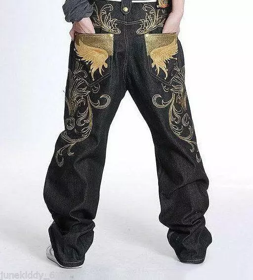 NEW MENS JEANS Black Denim Baggy Loose Casual Pants Hip-Hop Streetwear  W30-W46 $52.05 - PicClick