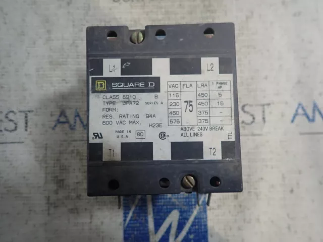 Square D 8910 DPA72 8910DPA72 Contactor 75 FLA 2 Pole 208-240V Coil 9998TYDA3V09 2