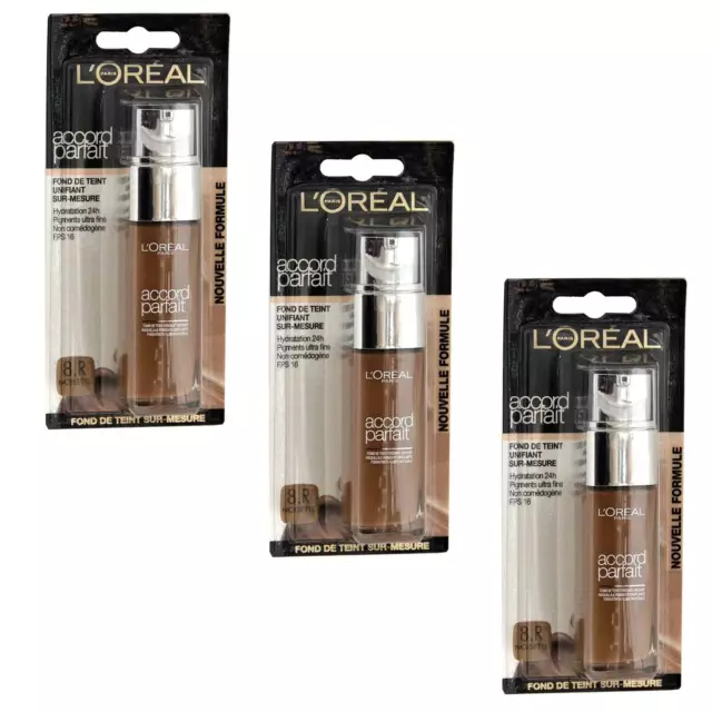 3x L'Oreal Make-Up Fluid Accord Parfait Foundation 8.R Noisette, (3x 30ml)