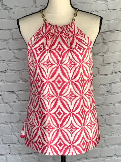 NEW Milly Women's Pink White 100% Silk Halter Top Chain Straps Zip Back Size 4