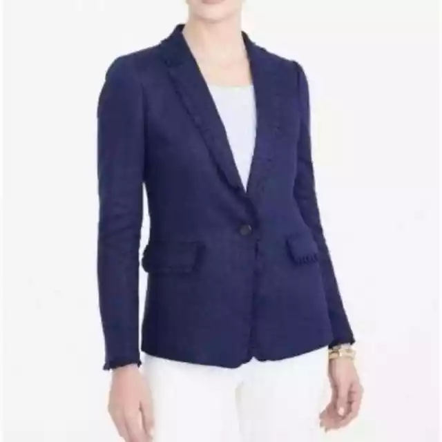 J.Crew Size 2 Navy Blue Linen Ruffle Trim Single Button Blazer Jacket