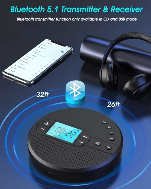 Gueray CD Player Portable Bluetooth 5.1 Desktop CD Player With Hifi Sound Speakers, Remote Control, Dust Cover, LED Display, FM Radio Wireless, Party