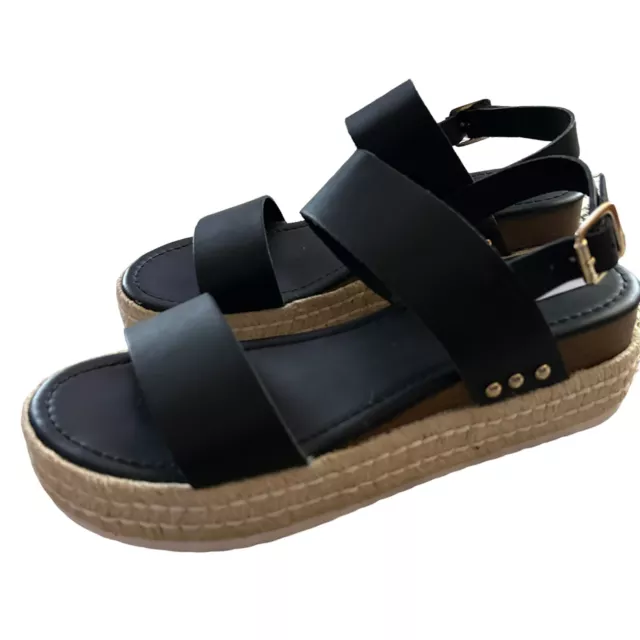 Steve Madden Catia Black Leather Ankle Strap Open Toe Wedges Espadrilles Sandals