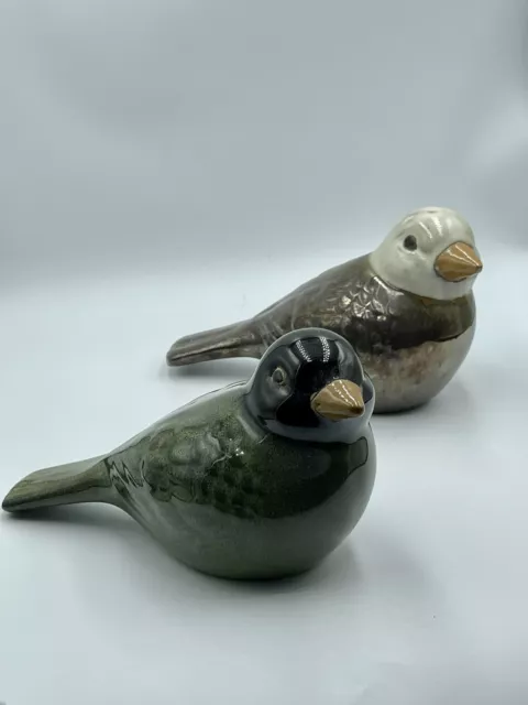 Pair Vintage Glazed Ceramic Pottery Bird Figurines