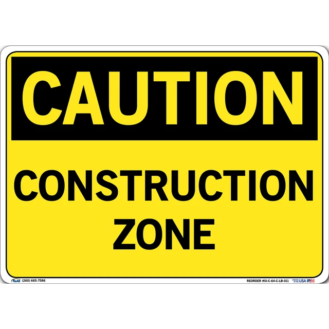 Caution Sign Decal Sign Message CONSTRUCTION ZONE Length 0.011 in Width 14.5 in
