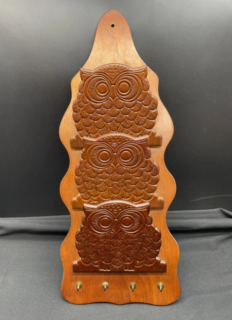 VTG MCM Wooden Owls Mail Letter Holder Organizer Keys Storage Wall Hanging 20”
