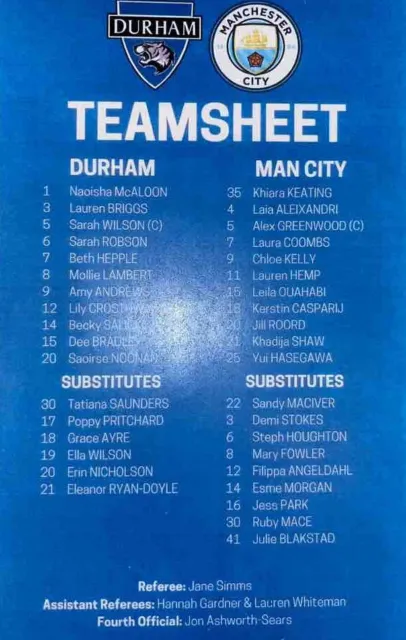 Durham FC Women v Man City FC Women Team Sheet (Season 2023-2024)