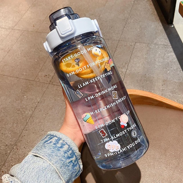 Water Bottle Cup Sport Straw Drinking Jug with Time Scale Stickers (Blue)