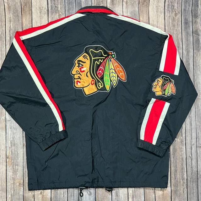 VTG Chicago Blackhawks Full Zip Windbreaker Jacket Large Mens Black NHL 90s Y2K