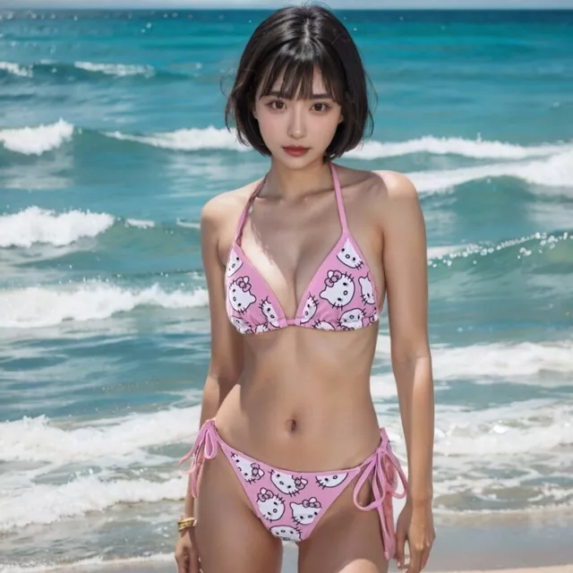 Cute Hello Kitty Bikini Swimwear Women 2 Piece Bra Thong Bathing Girls Underwear