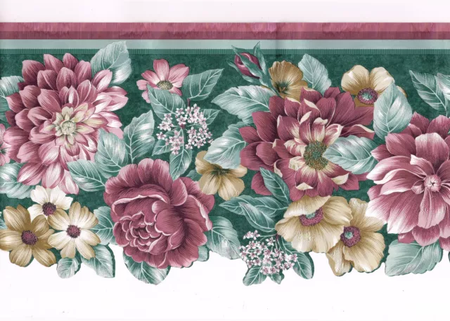 Victorian Scalloped Green Burgundy Pink Rose Flower Floral Silk Wallpaper Border