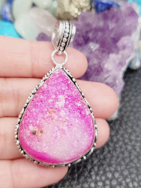 Solar Drusy Agate Quartz "PINK" Sterling Silver Pendant 2.25" w/ Chain 20"