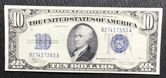 1934C $10 "Blue TEN" SILVER Certificate X7383! Choice VF! Crispy! Old US Currenc
