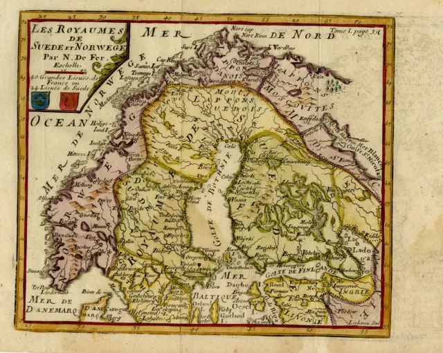 Antique Map-Scandinavian region-Norway-Finland-Sweden-North Cape-De Fer-1721