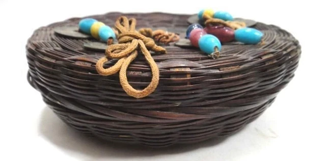 antique WICKER SEWING BASKET w beads asian coins dark