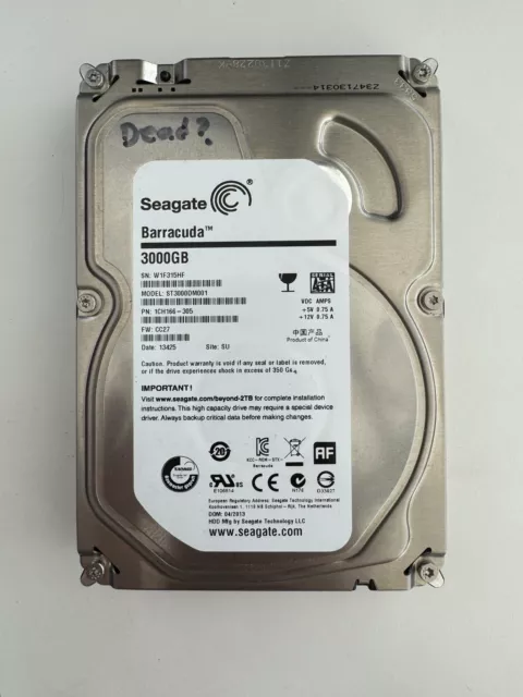 Seagate Barracuda 7200  3TB Hard Drive (ST3000DM001) Dead