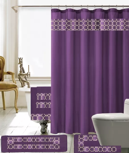 18 Piece Charlton Embroidery Banded Shower Curtain Bath Set (Purple)