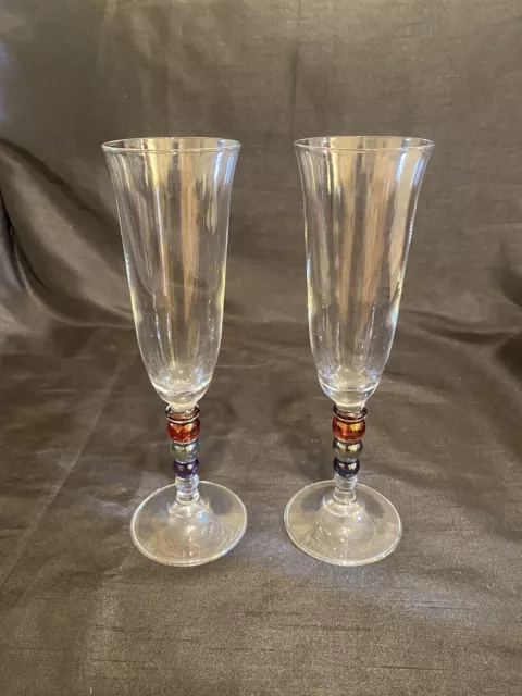 Pair Of Vintage Mikasa Champagne Flutes Iridescent Multi Coloured Stems