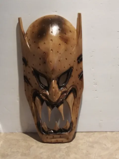 Vintage Hand Carved Wooden Tribal Devil Mask Philippines Teeth Horns 14”