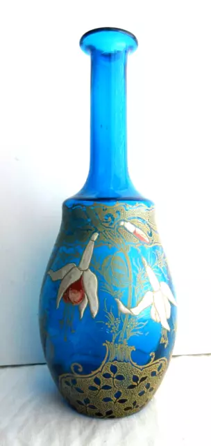 Carafe Art Nouveau, verre bleu-nuit émaillé LEGRAS: Fuchsia et dentelle dorée