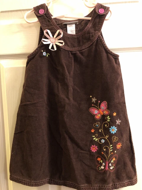 Youngland Girls Size 5 Brown Jumper Dress Corduroy Pink Butterflies & Flowers