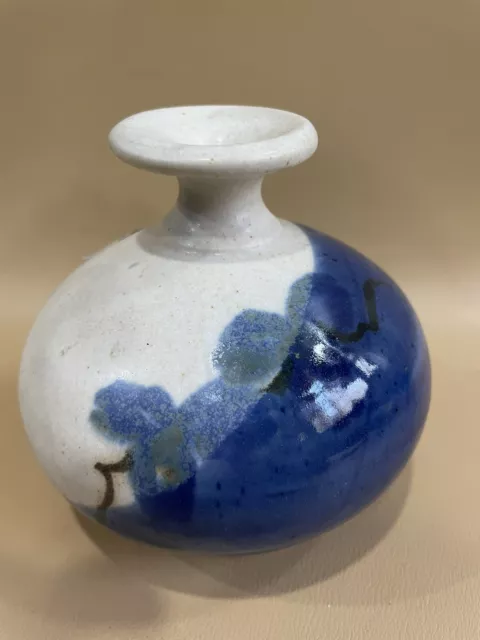 Vintage Follette Studio Pottery California Blue White Ceramic Small Vase 4”