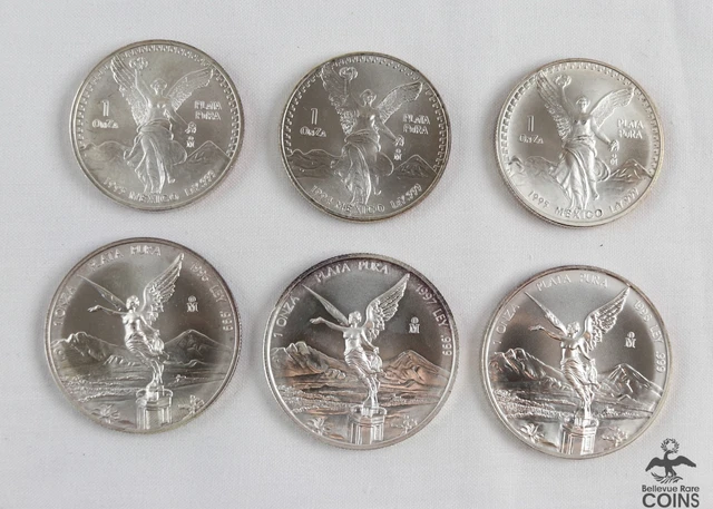 Lot of 6: 1993 - 1998 Mexico 1 Onza Fine Silver 1oz Libertad Coins
