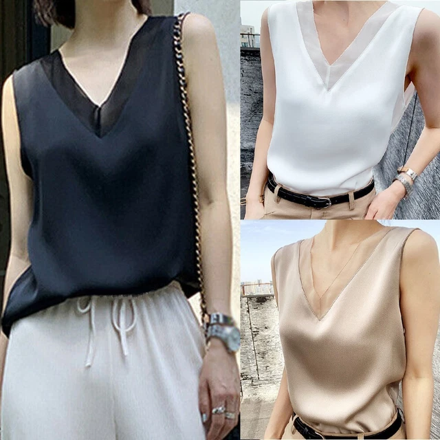 Elegante Donna Ol Scollo V Seta - Raso Top senza Maniche Canotta T-Shirt Blusa