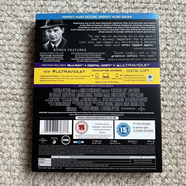 SCHINDLER'S LIST [20TH Anniversary] (Bluray / Ultraviolet) SEALED NEW